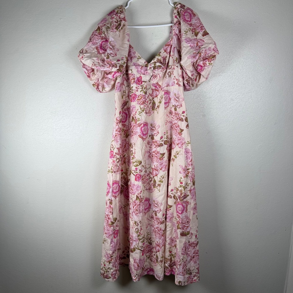 Avec Les Filles Pink Floral Linen Blend Puff Sleeve Midi Dress Size 12 - Picture 1 of 9
